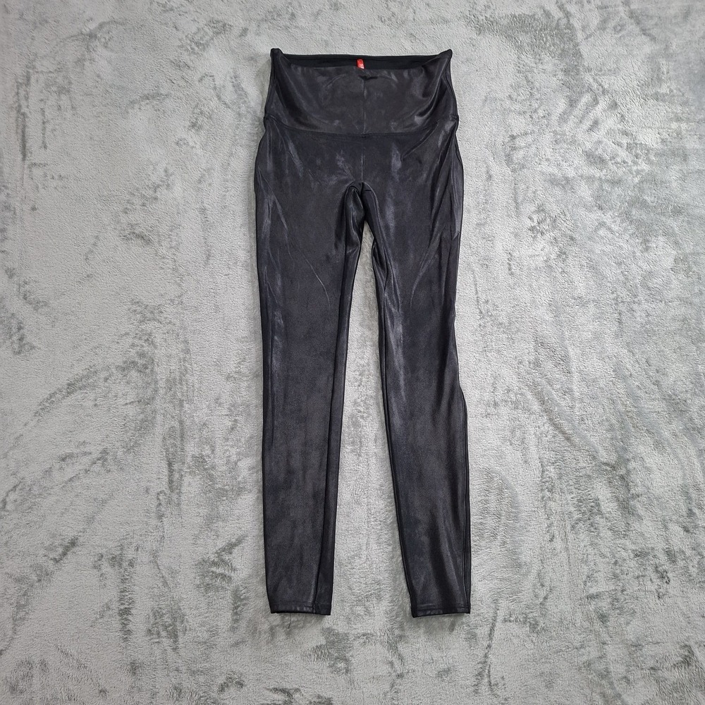 Spanx Black Faux Leather Leggings Size Large Edgy Office Tummy Control